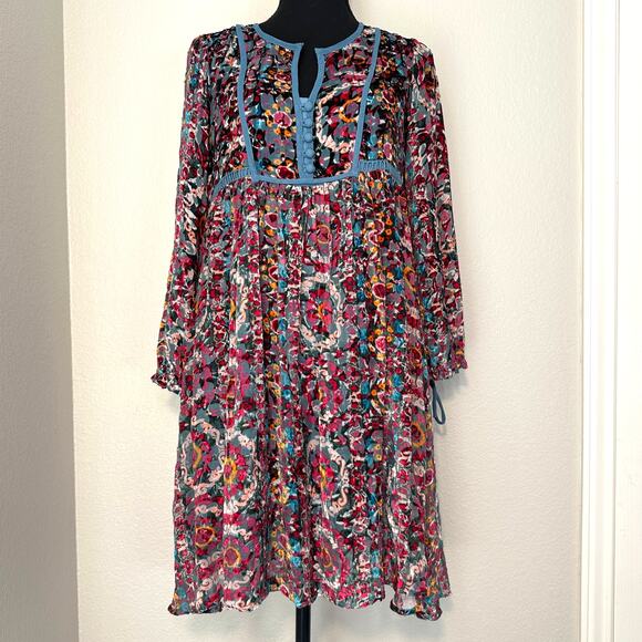 Floreat Abia Burnout Velvet Silk Blend Boho Dress, Anthropologie, xsmall petite - Picture 1 of 9